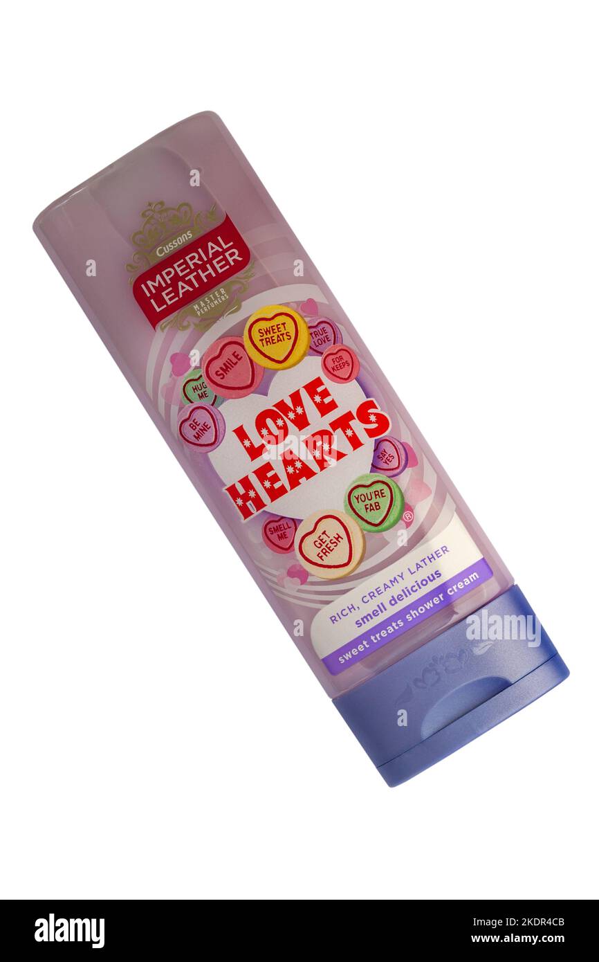 Flasche Cussons Imperial Leather Love Hearts süße Leckereien Duschcreme reichhaltiger cremiger Schaum riecht köstlich isoliert auf weißem Hintergrund Stockfoto