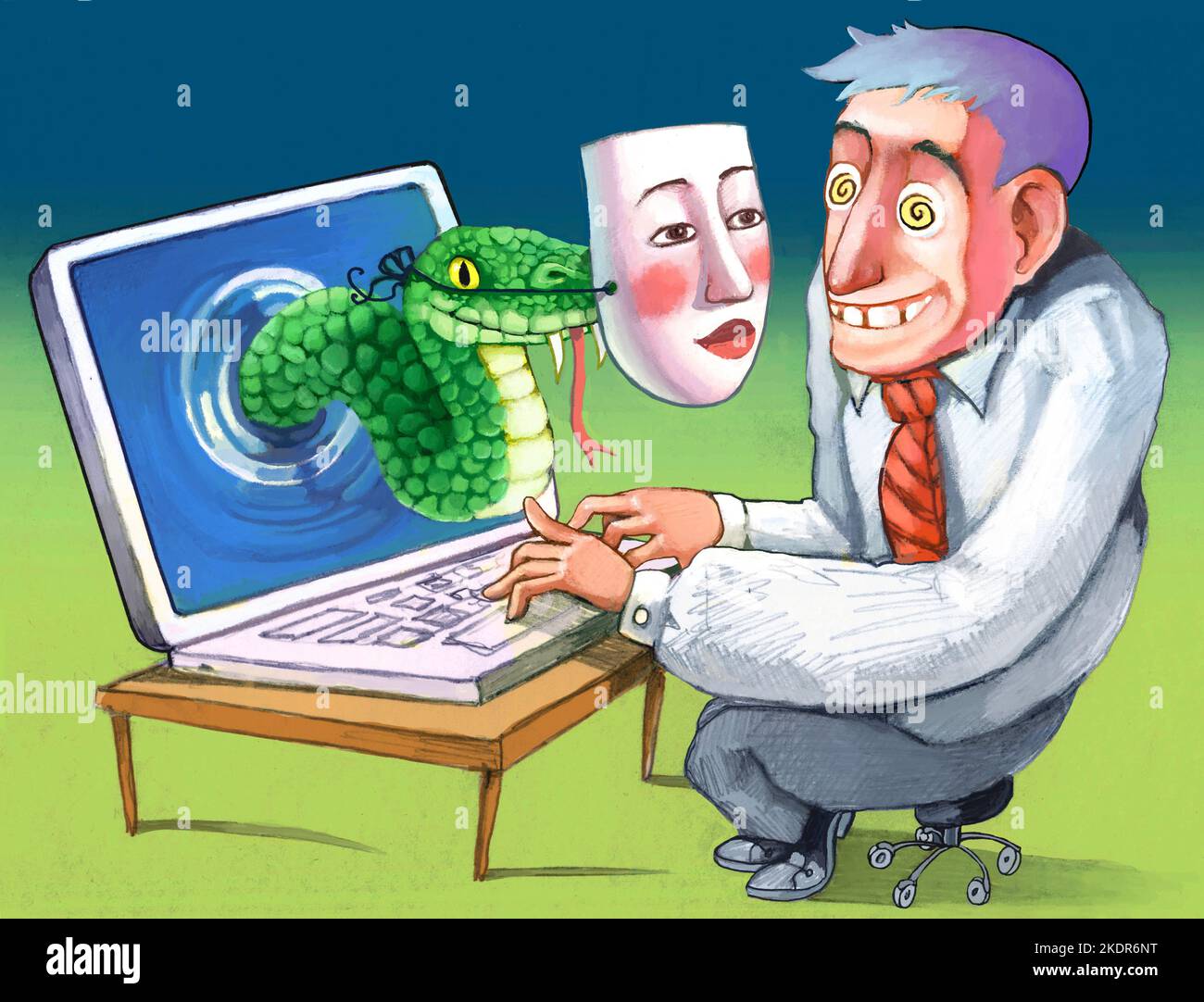 Eine giftige Schlange, die als schöne Frau verkleidet ist, kommt aus einem Computerbildschirm und hypnotisiert ein Männerkonzept des digitalen Draw-Modus für Online-Betrug Stockfoto