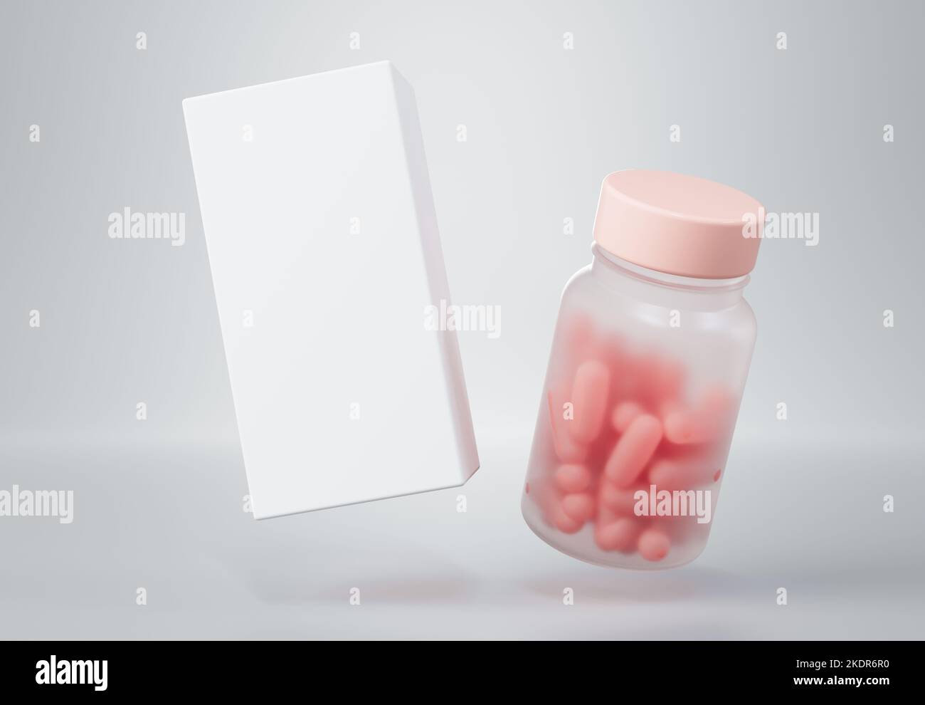 Medizin-Plastikglas mit rosa Kapseln und weiße Box schwimmend auf grauem Hintergrund 3D Rendermockup Stockfoto