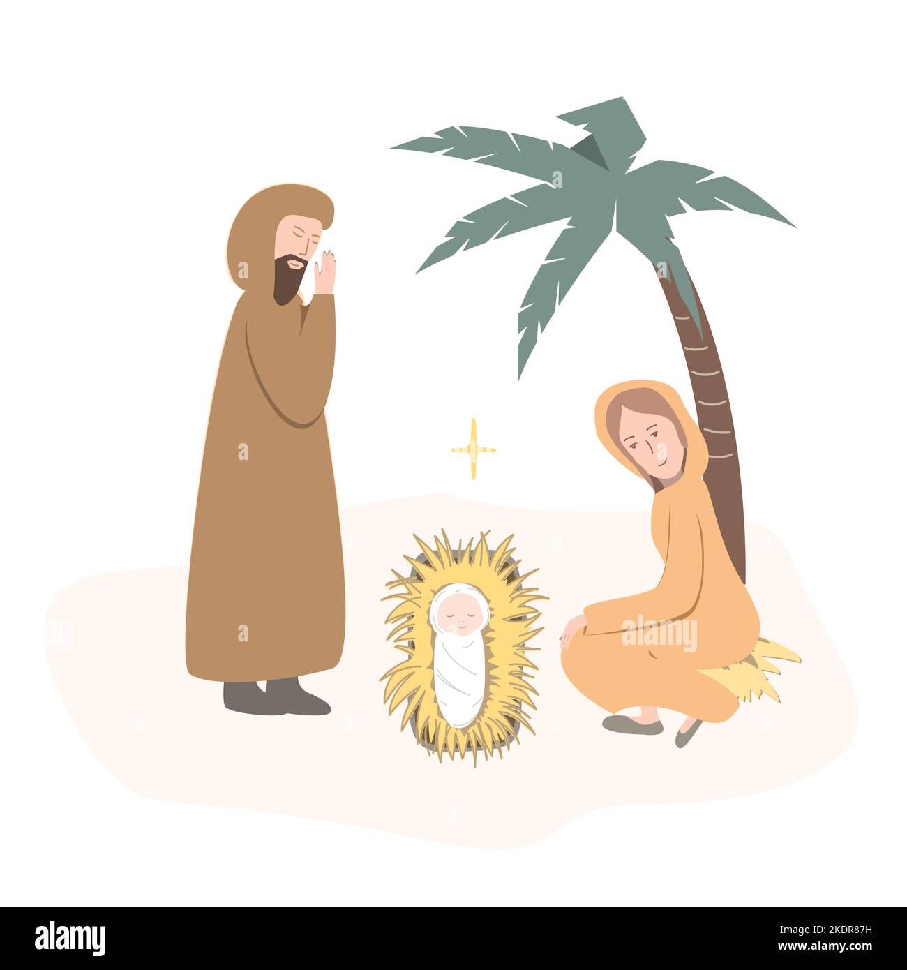 Christenkrippe. Jungfrau Maria, Jesus Christus und Joseph. Frohe Weihnachten Grußkarte. Krippe Szene mit neugeborenem Jesus Stock Vektor