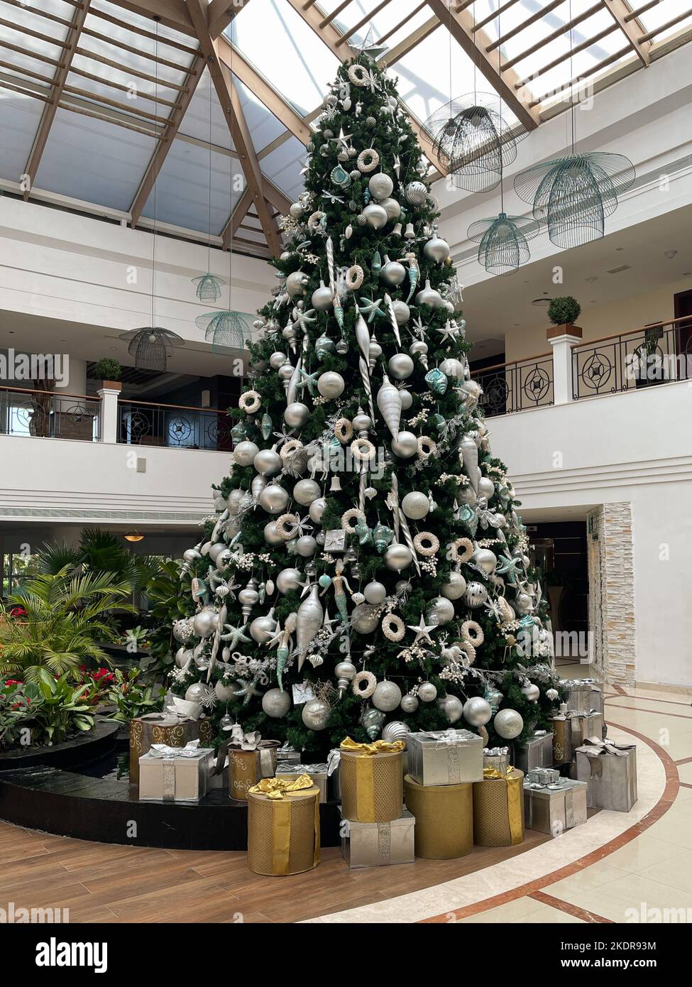 Blick auf einen hohen Weihnachtsbaum, wunderschön dekoriert mit vielen Geschenken, die unter dem Baum platziert sind. Stockfoto