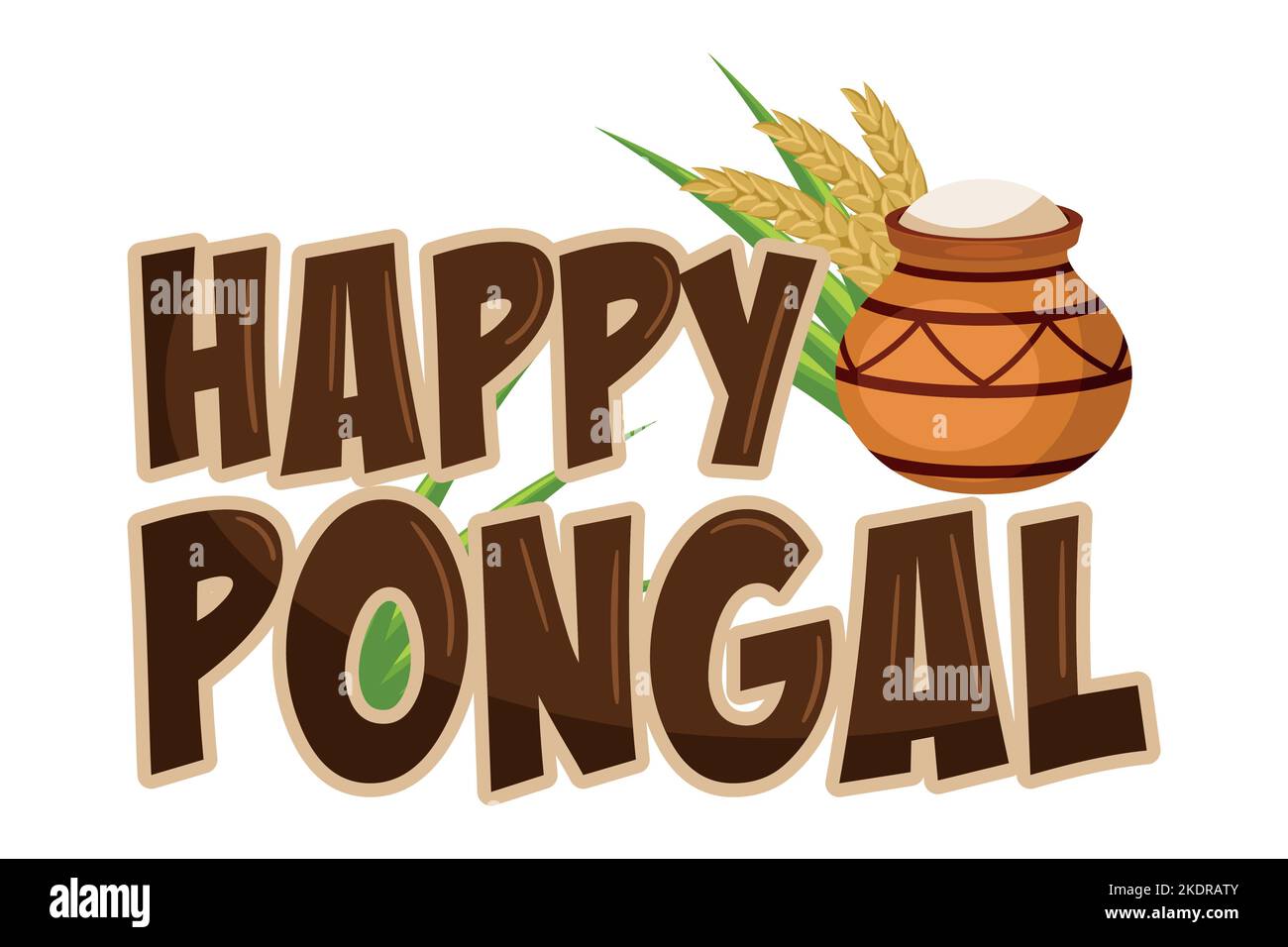 Cartoon-Schriftzug des glücklichen Pongal Erntefestivals in Indien, Tontopf mit Lebensmitteln, Weizen und Zuckerrohrblättern Stock Vektor