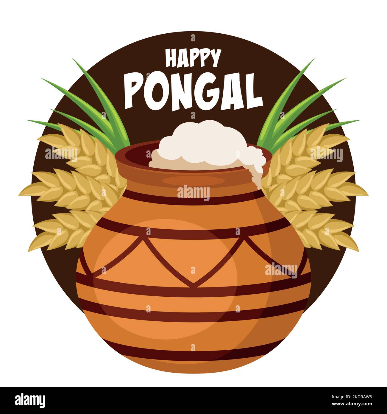 Happy Pongal Erntefest Festkarte in Indien, Tontopf mit Lebensmitteln, Weizen und Zuckerrohrblättern Stock Vektor