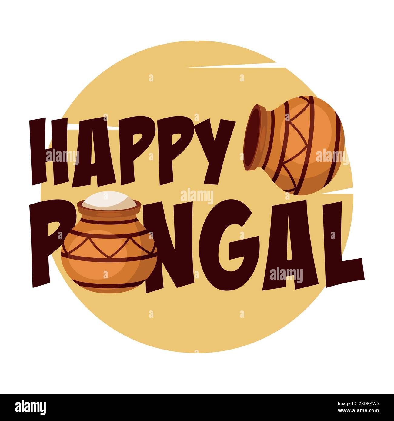 Happy Pongal Erntefest Schriftzug in Indien mit Tontopf mit Essen und Sonne im Hintergrund Stock Vektor