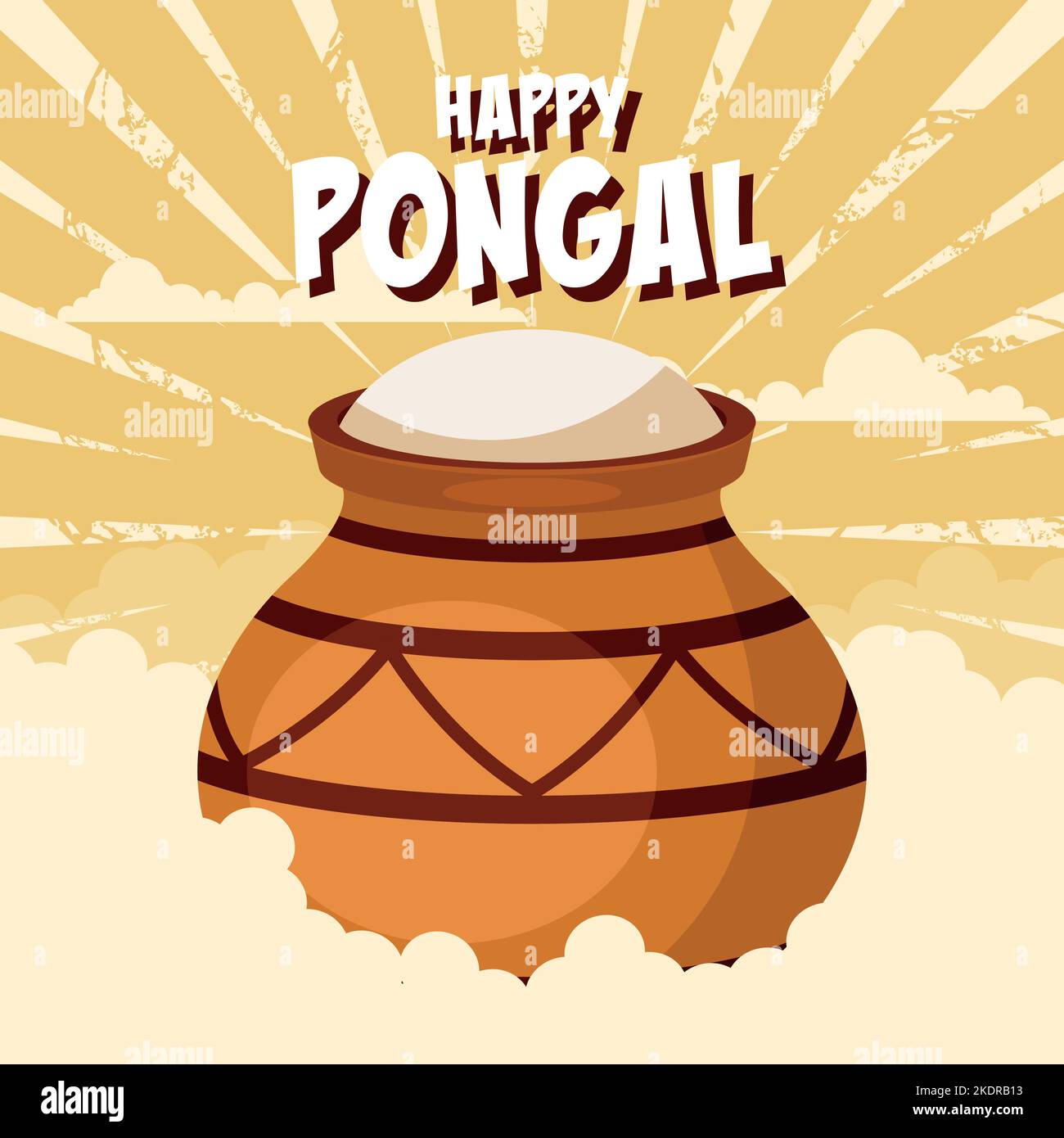 Happy pongal Erntefestkarte mit Tontopf und Wolken Hintergrund Stock Vektor
