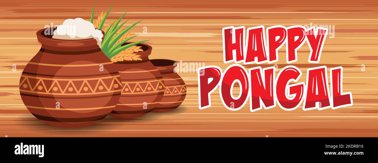Happy Pongal Cartoon Stil Banner für Erntefest Feier mit traditionellen Tontöpfen, Zuckerrohrblätter und Weizen Stock Vektor
