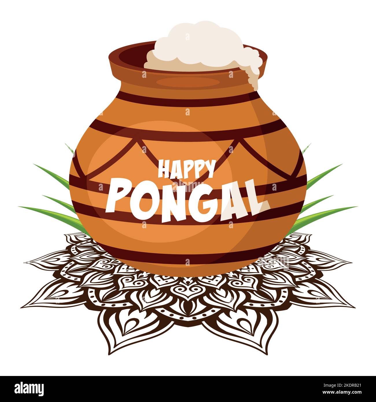 Happy Pongal Erntefest in Indien, Tontopf mit Lebensmitteln, Weizen, Zuckerrohrblättern und Mandala Stock Vektor