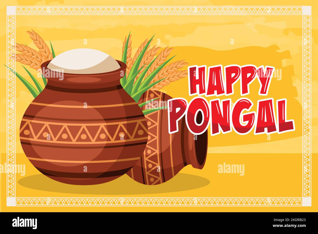 Traditionelle Tontöpfe mit Reis, Zuckerrohr und Weizen für Happy Pongal Erntefest-Karte mit Aquarell-Hintergrund Stock Vektor