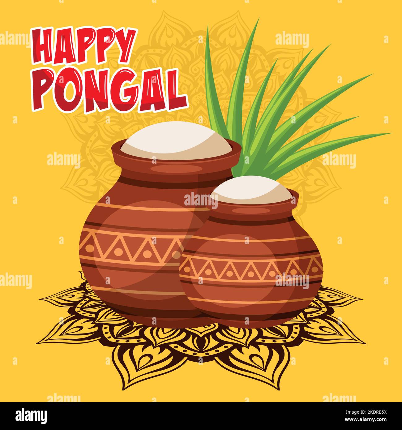 Traditionelle Tontöpfe mit Reis und Zuckerrohr für Happy Pongal Erntefest-Karte mit Mandala-Hintergrund Stock Vektor