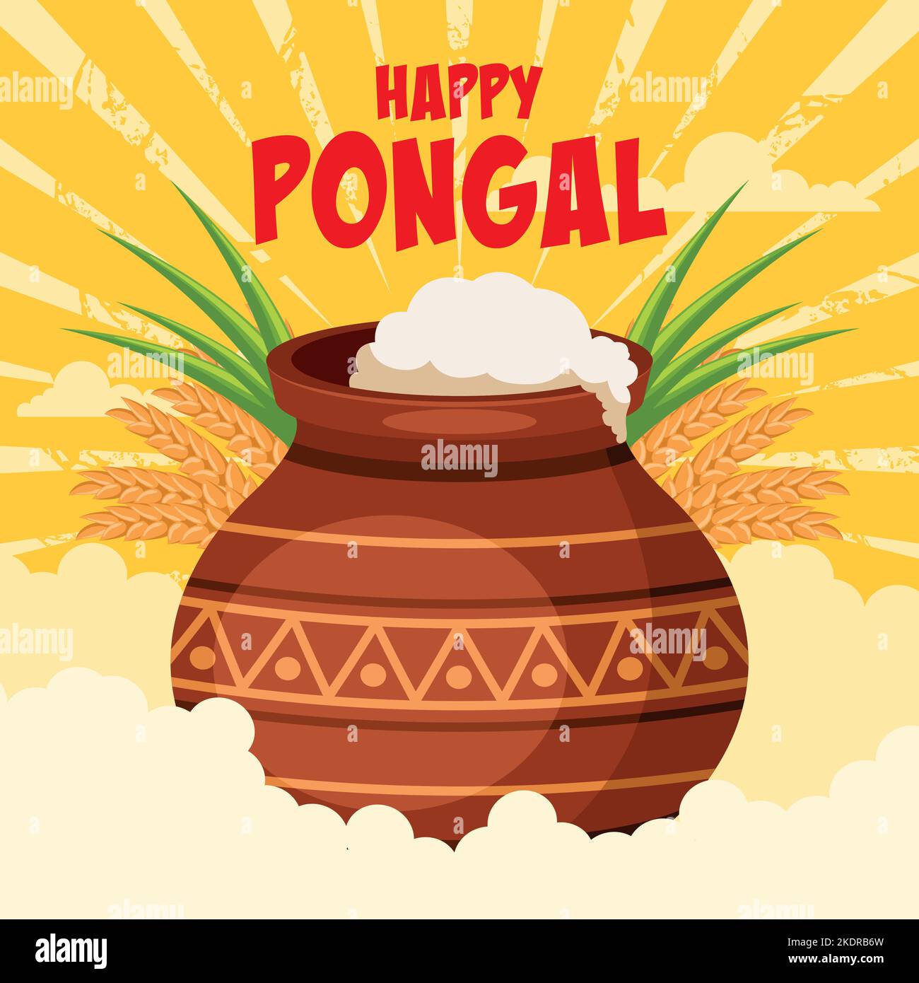 Happy Pongal Erntefestkarte mit traditionellem Tontopf, Zuckerrohrblättern und Weizen mit wolkenbewundtem Hintergrund Stock Vektor