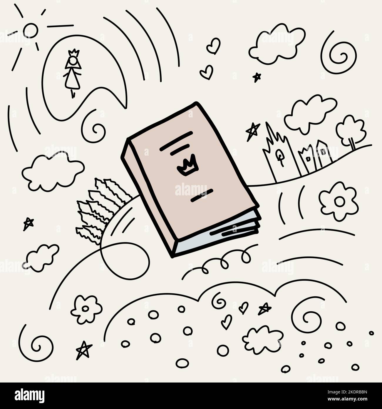 Niedliche Doodle Prinzessin Geschichte in Buch geschrieben Stock Vektor