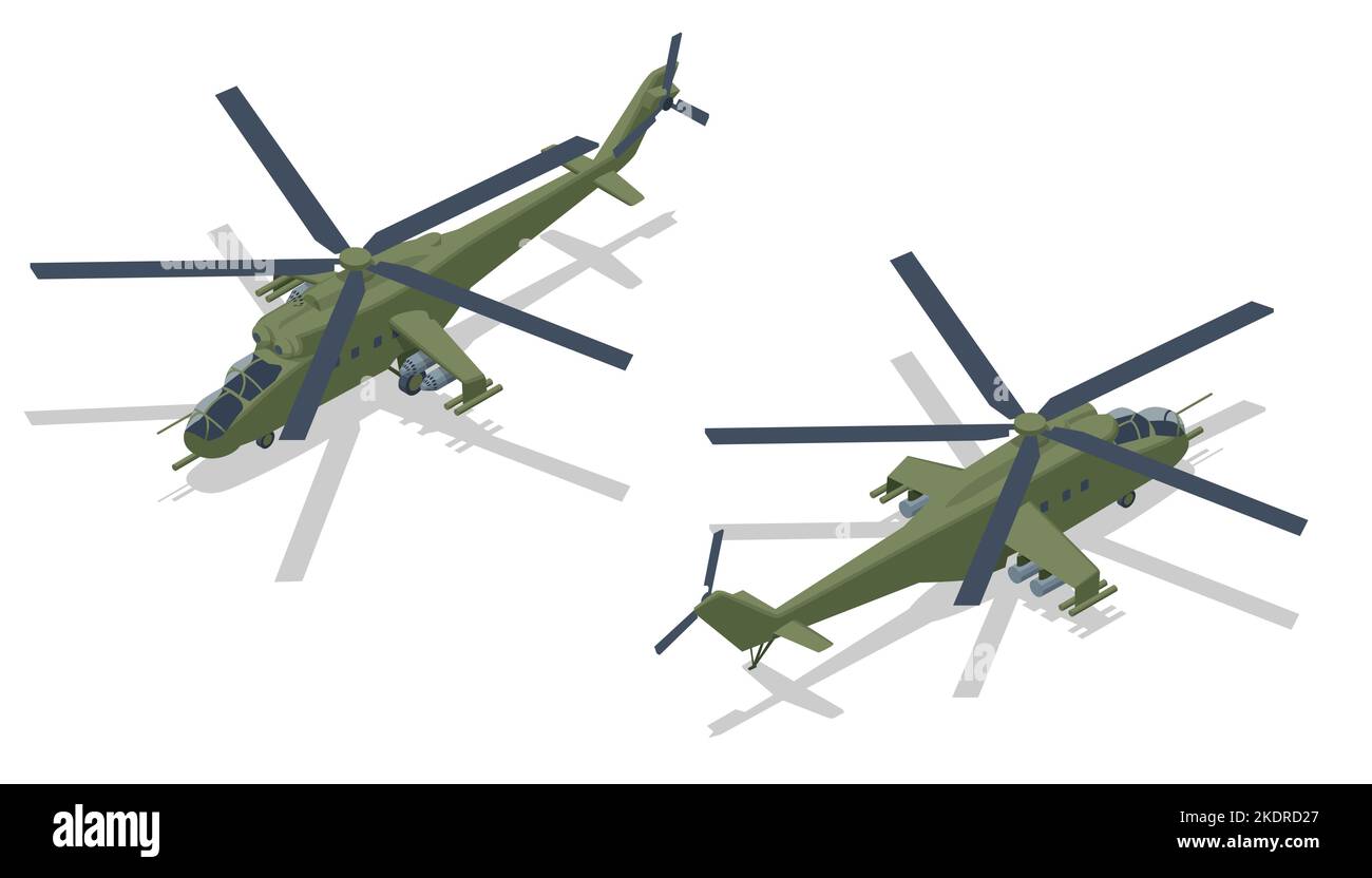 Isometrisches Mil Mi-24 großes Hubschrauber-Kanonenschiff, Angriffshubschrauber und Truppentransport mit geringer Kapazität. Hubschrauber mit Transportmöglichkeiten angreifen Stock Vektor