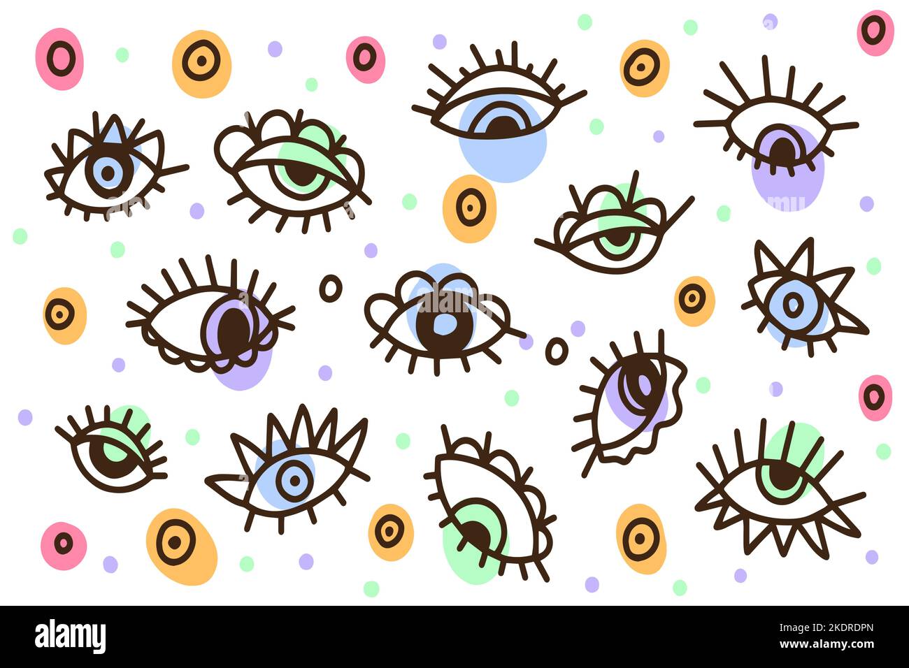 Doodle Eyes Hintergrund, handgezeichnete Satz von niedlichen Doodles zur Dekoration auf weißem Hintergrund Stock Vektor
