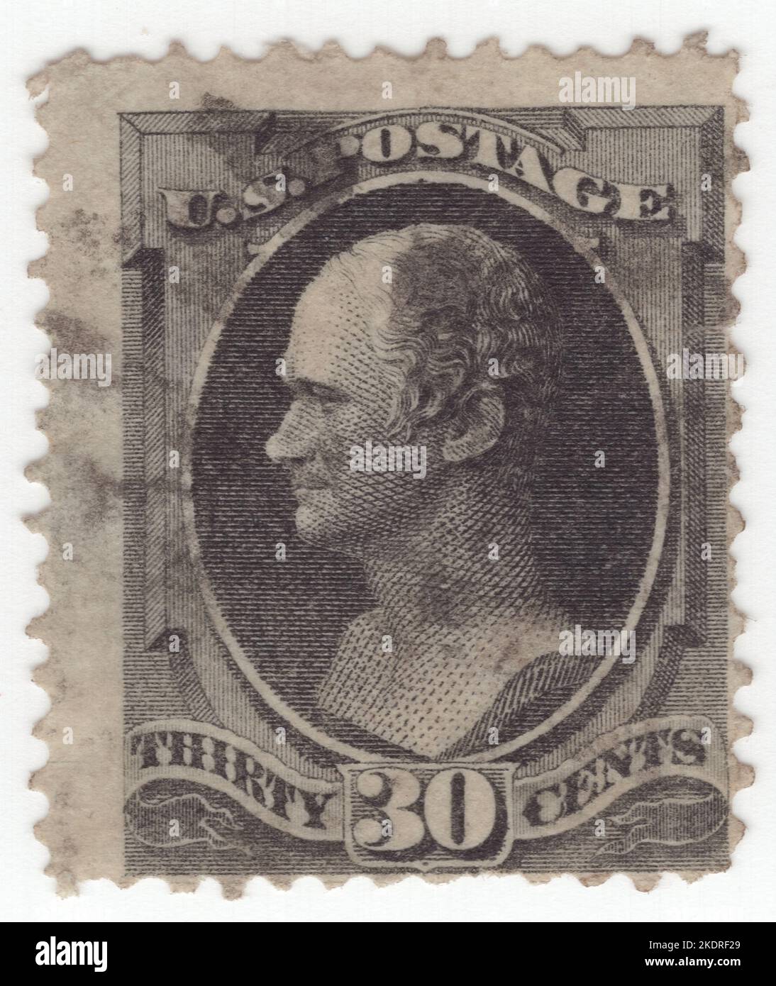 USA - 1873: Eine 30 Cent grau-schwarze Briefmarke, auf der das Porträt von Alexander Hamilton, dem amerikanischen Revolutionär, Staatsmann und Gründungsvater der Vereinigten Staaten, abgebildet ist. Er war ein einflussreicher Dolmetscher und Förderer der US-Verfassung und Gründer der Föderalistischen Partei, des Finanzsystems des Landes, der US-Küstenwache und der Zeitung New York Post. Als erster Finanzminister war Hamilton der Hauptautor der Wirtschaftspolitik der Regierung von Präsident George Washington Stockfoto