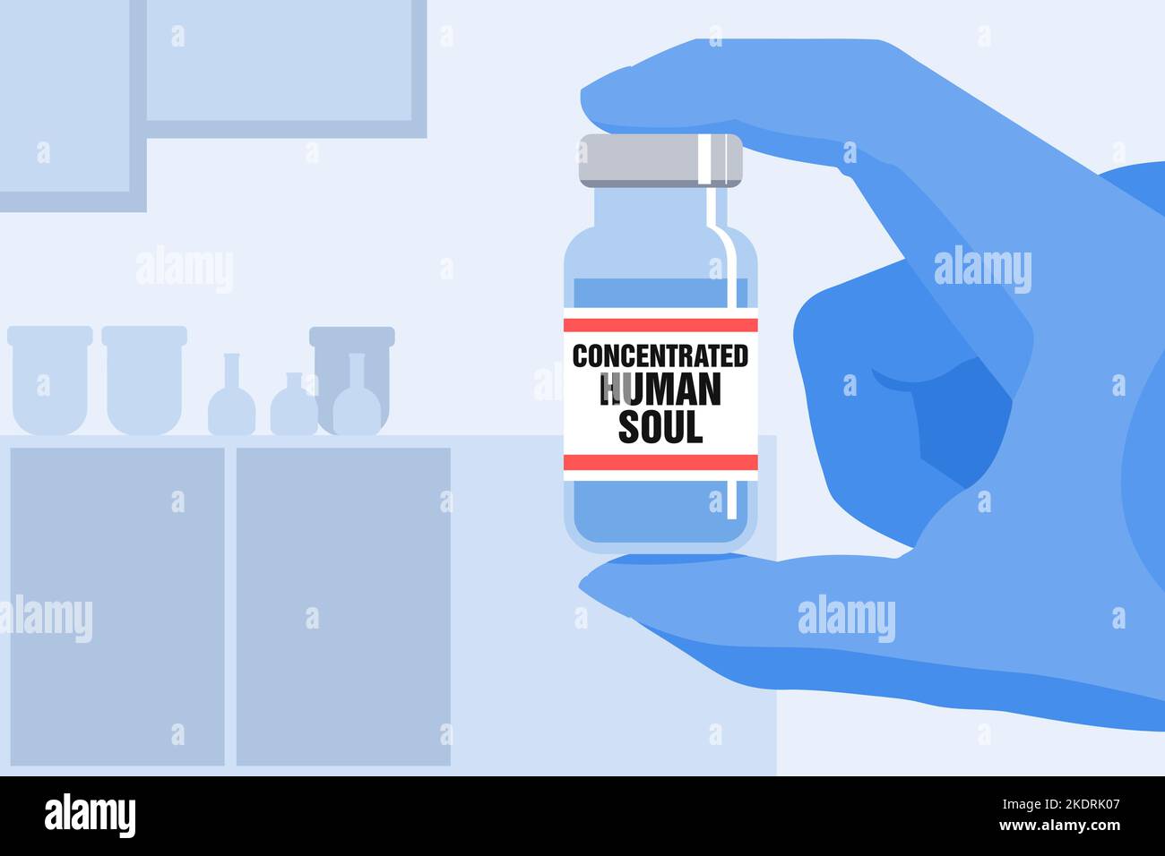 Konzentrierte menschliche Seelenflasche in einem medizinischen Labor. Abbildung der Medikamentenfläschchen. Große Pharma-Verschwörungstheorie seltsame Idee Illustration. Stock Vektor