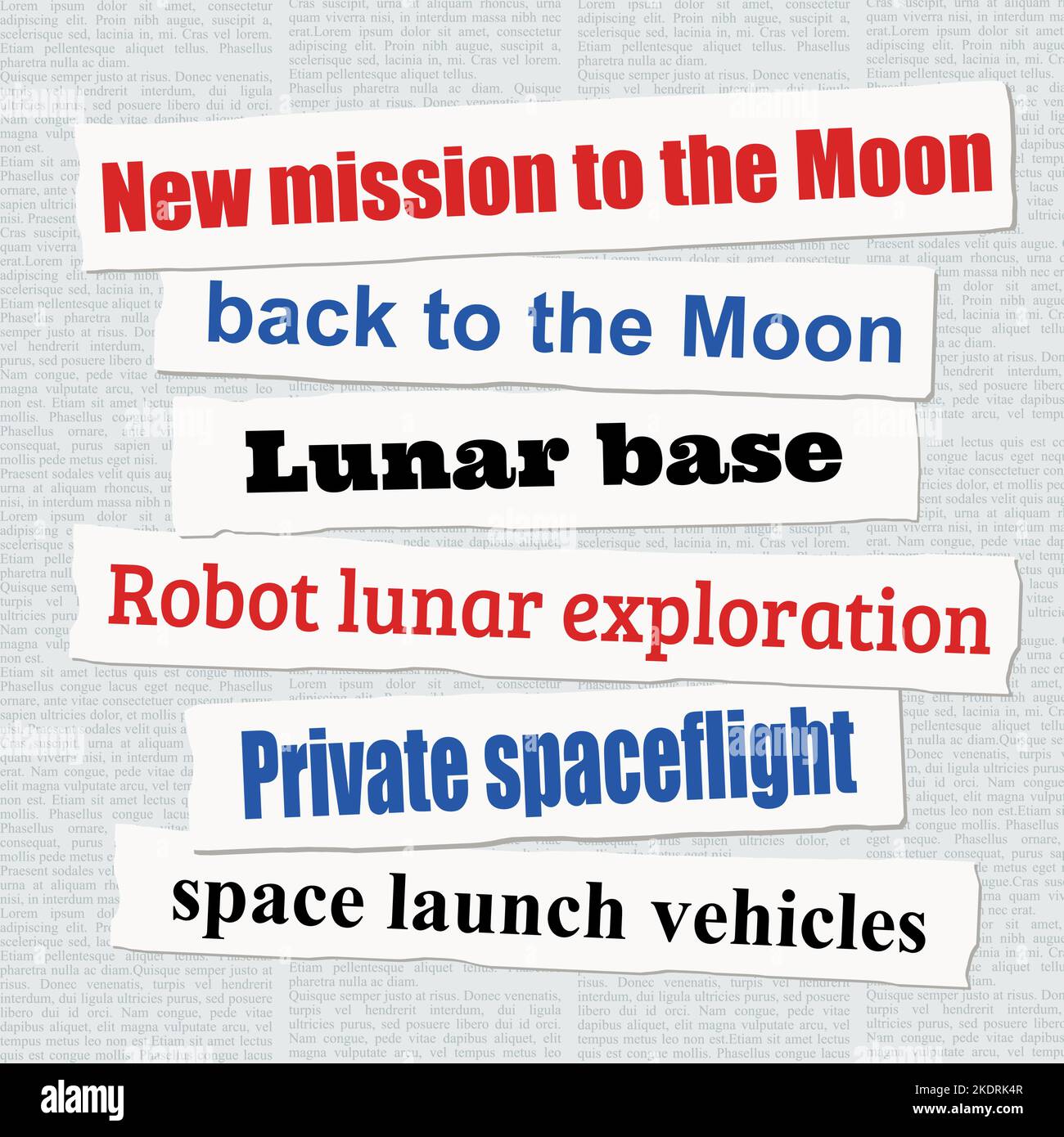 New Mission to the Moon News Schlagzeilen. Zeitungsausschnitte über die Erforschung des Mondes und neue Weltraummissionen. Stock Vektor