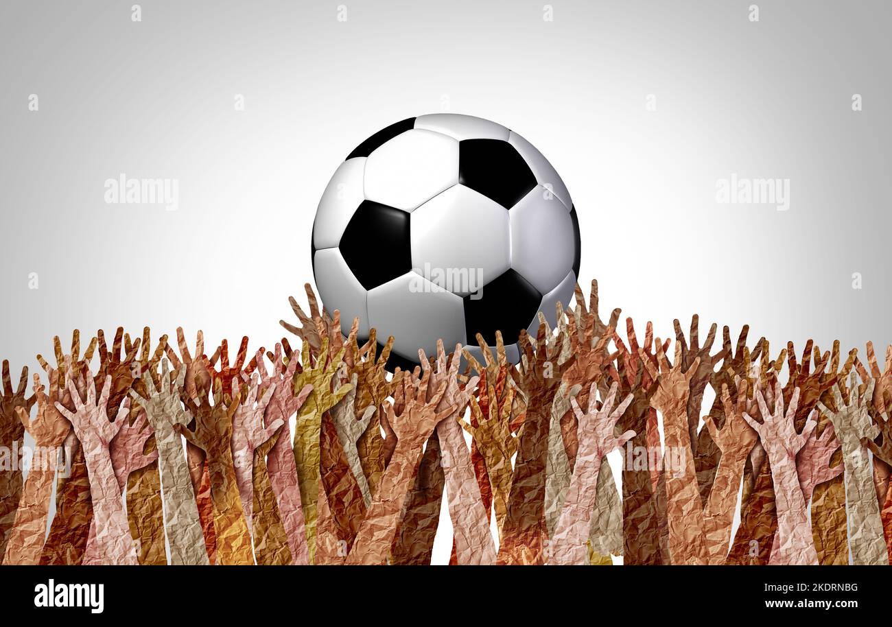 Globaler Fußball und vielfältiger internationaler Weltfußball feiern als multikulturelle Sportgemeinschaft, die sich als multikulturelle Gruppe verbindet Stockfoto