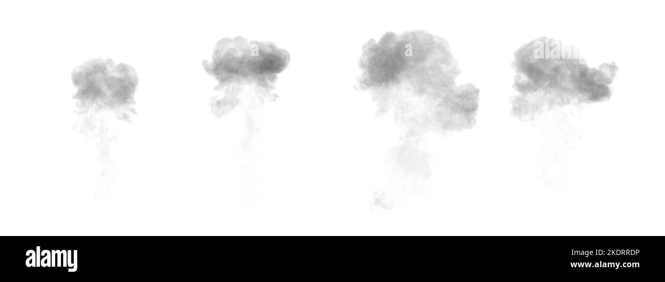 Vier schwarze Rauchwolken nach dem Bersten, isoliert - Objekt 3D Abbildung Stockfoto