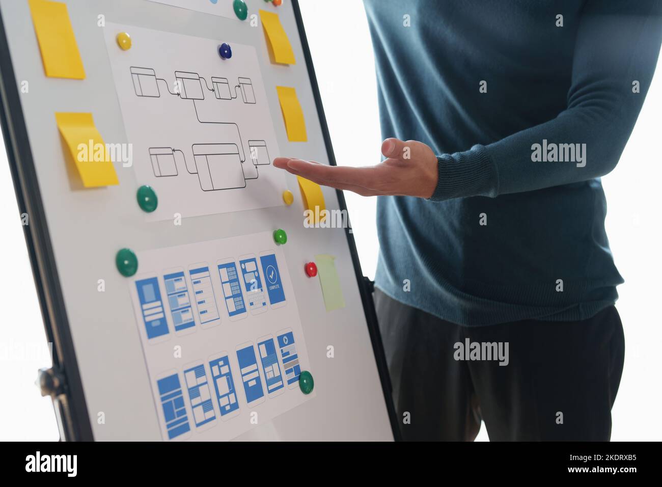 UX Developer und ui Designer Brainstorming über App Interface Design im modernen Büro. Agentur für kreative digitale Entwicklung Stockfoto