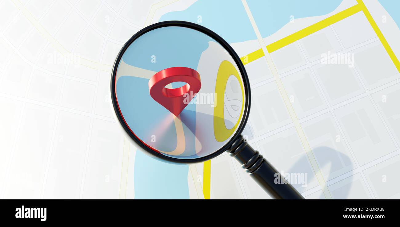 Position Pin und vergrößern Glas auf der Karte Hintergrund. Suchen Sie einen Ort, eine Position. Rotes GPS-Navigationssystem. Reisen, entdecken. 3D Rendern. Stockfoto