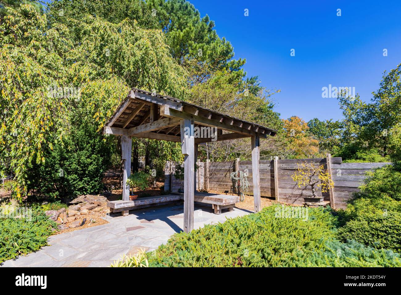 Sonnige Außenansicht des japanischen Gartens des Botanischen Gartens der Ozarks in Arkansas Stockfoto