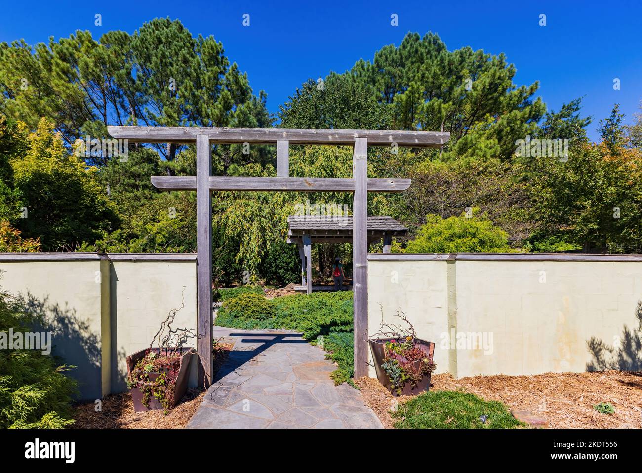 Sonnige Außenansicht des japanischen Gartens des Botanischen Gartens der Ozarks in Arkansas Stockfoto