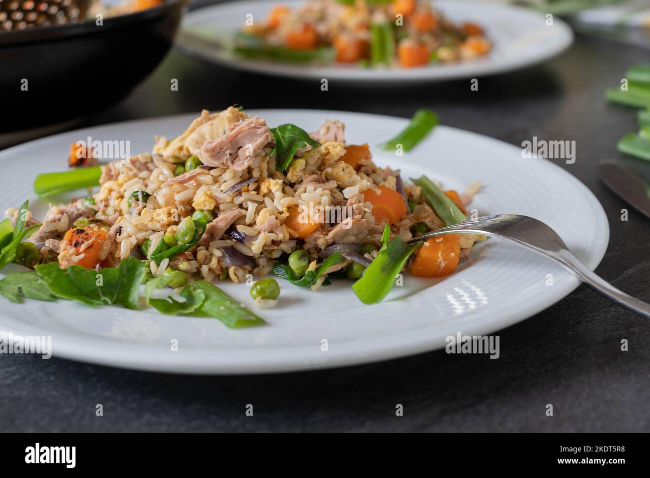 Gebratener brauner Reis mit Gemüse und Thunfisch auf einem Teller auf dem Küchentisch Stockfoto
