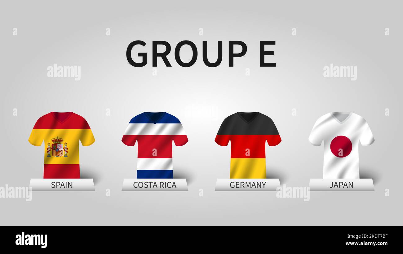 Qatar fifa Fußball-Weltmeisterschaft 2022 . Gruppe E Stufen . Winkendes Trikot mit Landflaggenmuster. Vektor . Stock Vektor