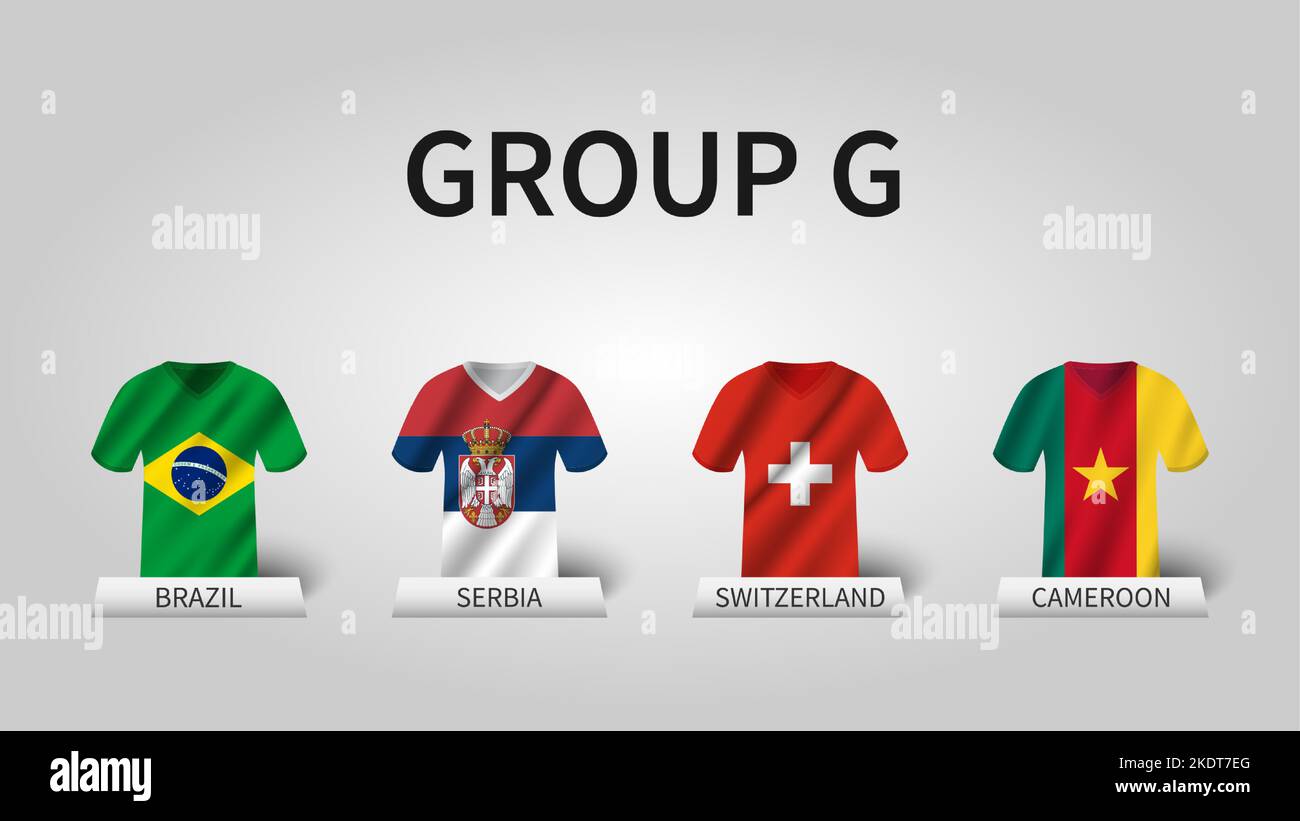 Qatar fifa Fußball-Weltmeisterschaft 2022 . Gruppe G Stufen . Winkendes Trikot mit Landflaggenmuster. Vektor . Stock Vektor