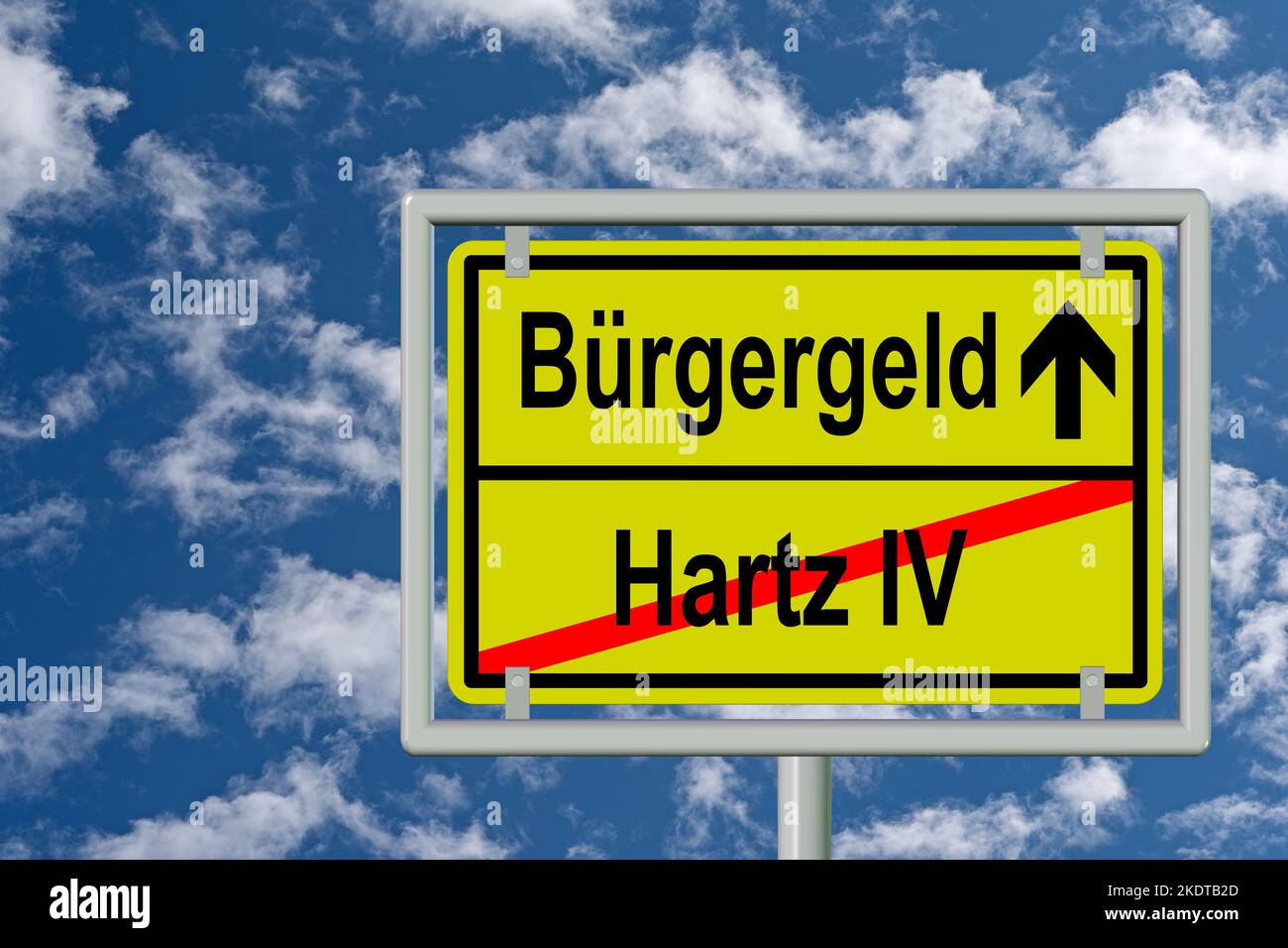 Schild am Ende der Stadt mit dem Inhalt 'Bürgergeld und Hartz IV', Übersetzung 'Bürgergeld' Einkommen und Hartz IV' Stockfoto