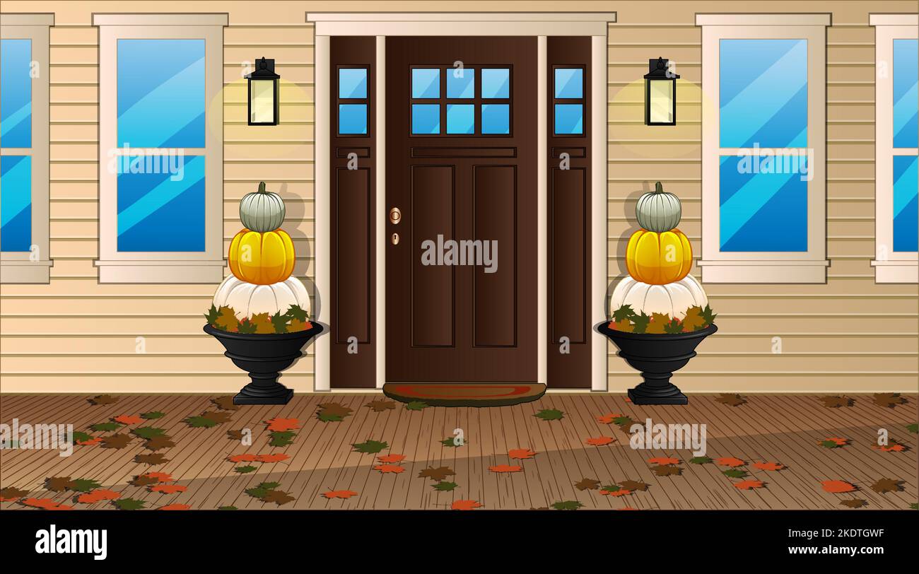 Thanksgiving-Hintergrundszene mit Vordertür, verziert mit Kürbissen und Herbstblättern. Vektorgrafik Stock Vektor