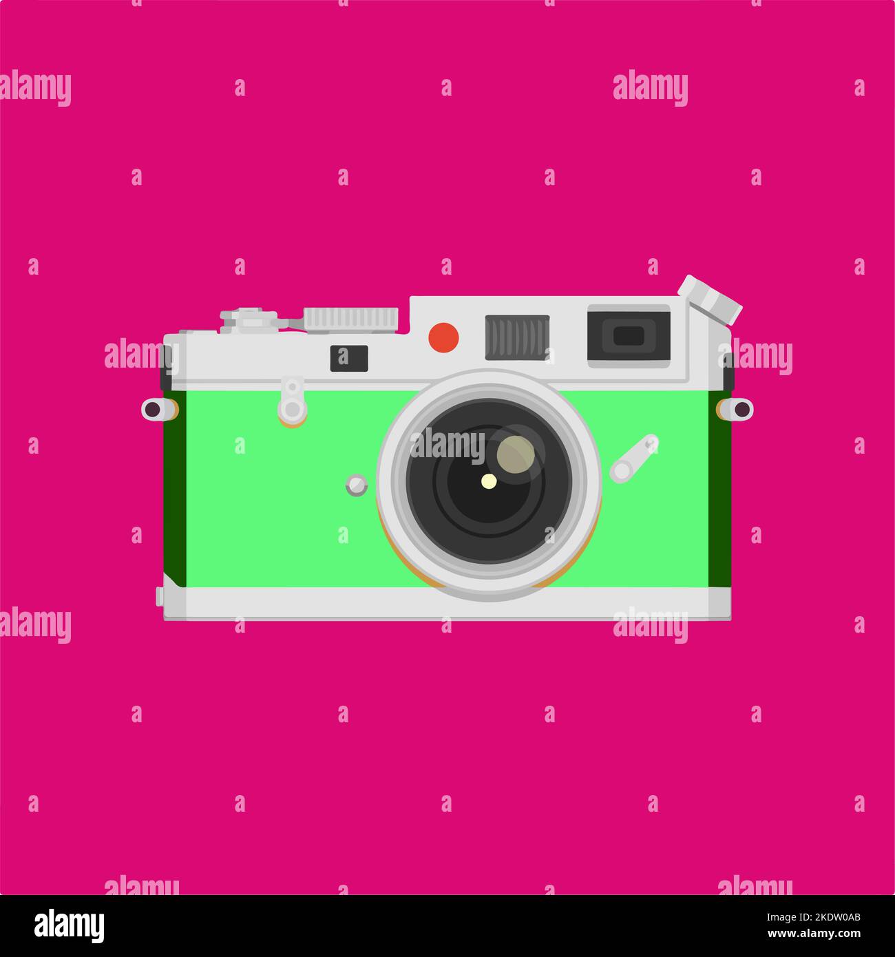 Vintage-Kamera-Design auf einem lila Hintergrund mit bestimmten Formen und grafischen Linien Stockfoto