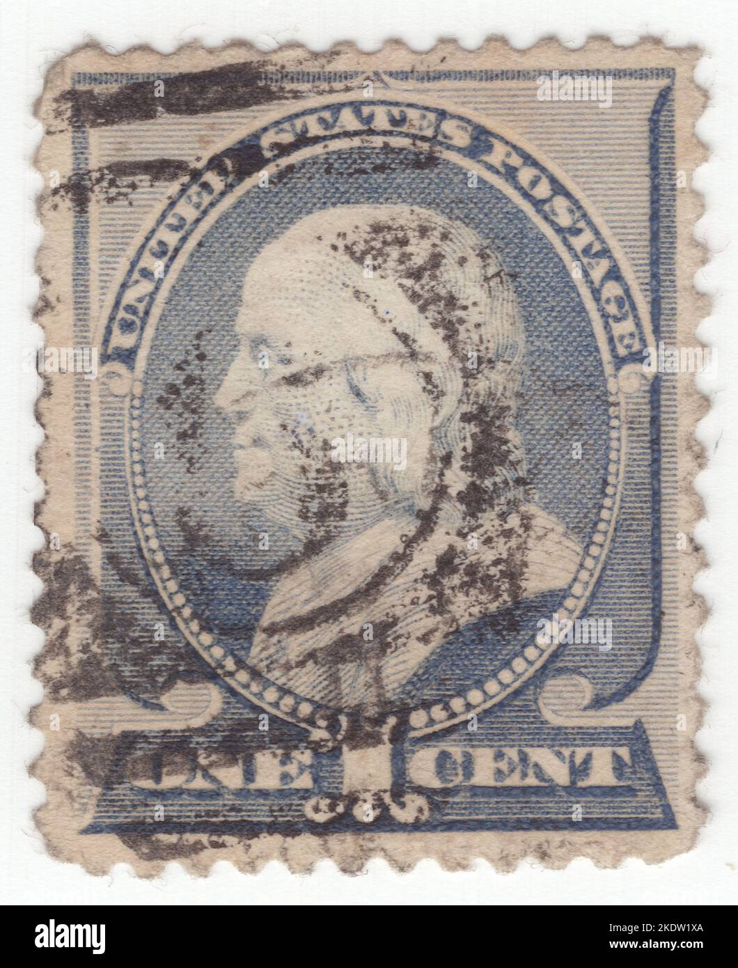 USA - 1887: Eine 1 Cent ultramarine Briefmarke, die das Porträt von Benjamin Franklin zeigt. Amerikanischer Universalgelehrter, der als Schriftsteller, Wissenschaftler, Erfinder, Staatsmann, Diplomat, Drucker, Verleger und politischer Philosoph. Unter den führenden Intellektuellen seiner Zeit war Franklin einer der Gründungsväter der Vereinigten Staaten, ein Drahter und Unterzeichner der Unabhängigkeitserklärung der Vereinigten Staaten und der erste Vereinigte Staaten Postmaster General Stockfoto