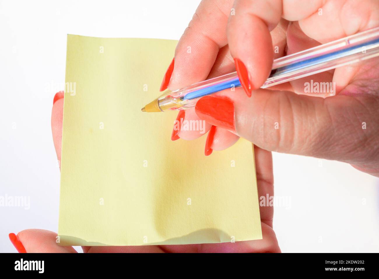 Frauenhand mit bemalten Nägeln mit leerem Briefpapier auf reinem weißen Hintergrund. Stockfoto