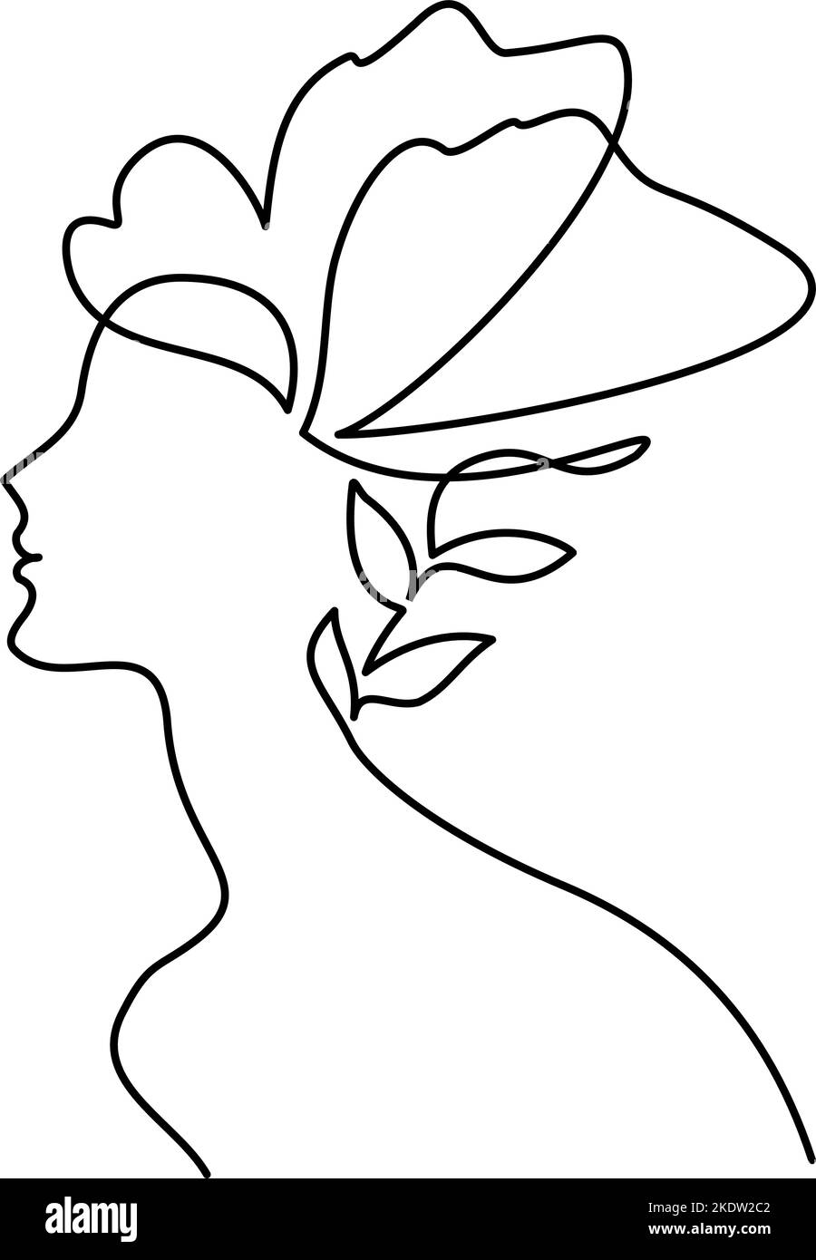 Frau Kopf mit Blumen eine Linie Zeichnung Stock Vektor