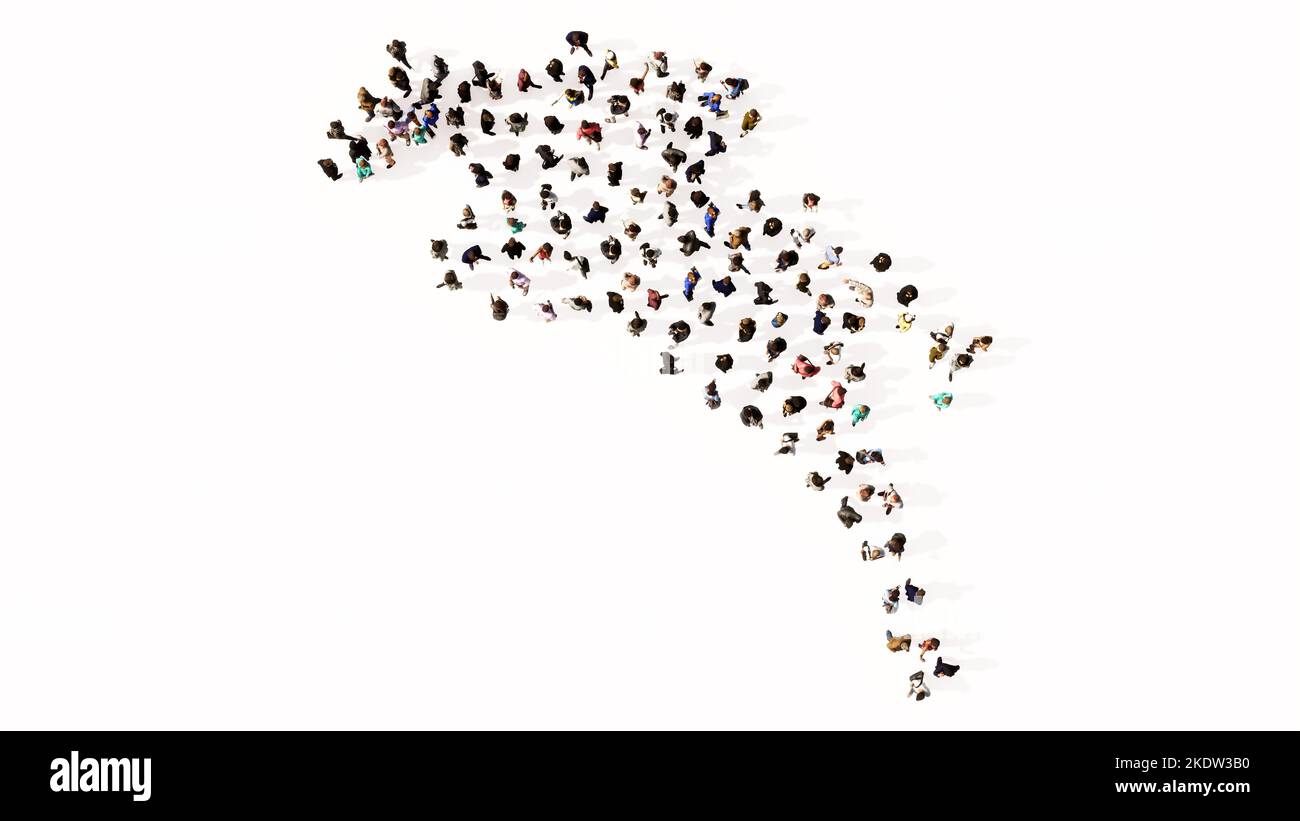 Konzept konzeptionelle große Gemeinschaft von Menschen, die das Zeichen eines Reiters bilden. 3D Illustration Metapher für Sport, Wettkampf, Training, Entspannung Stockfoto