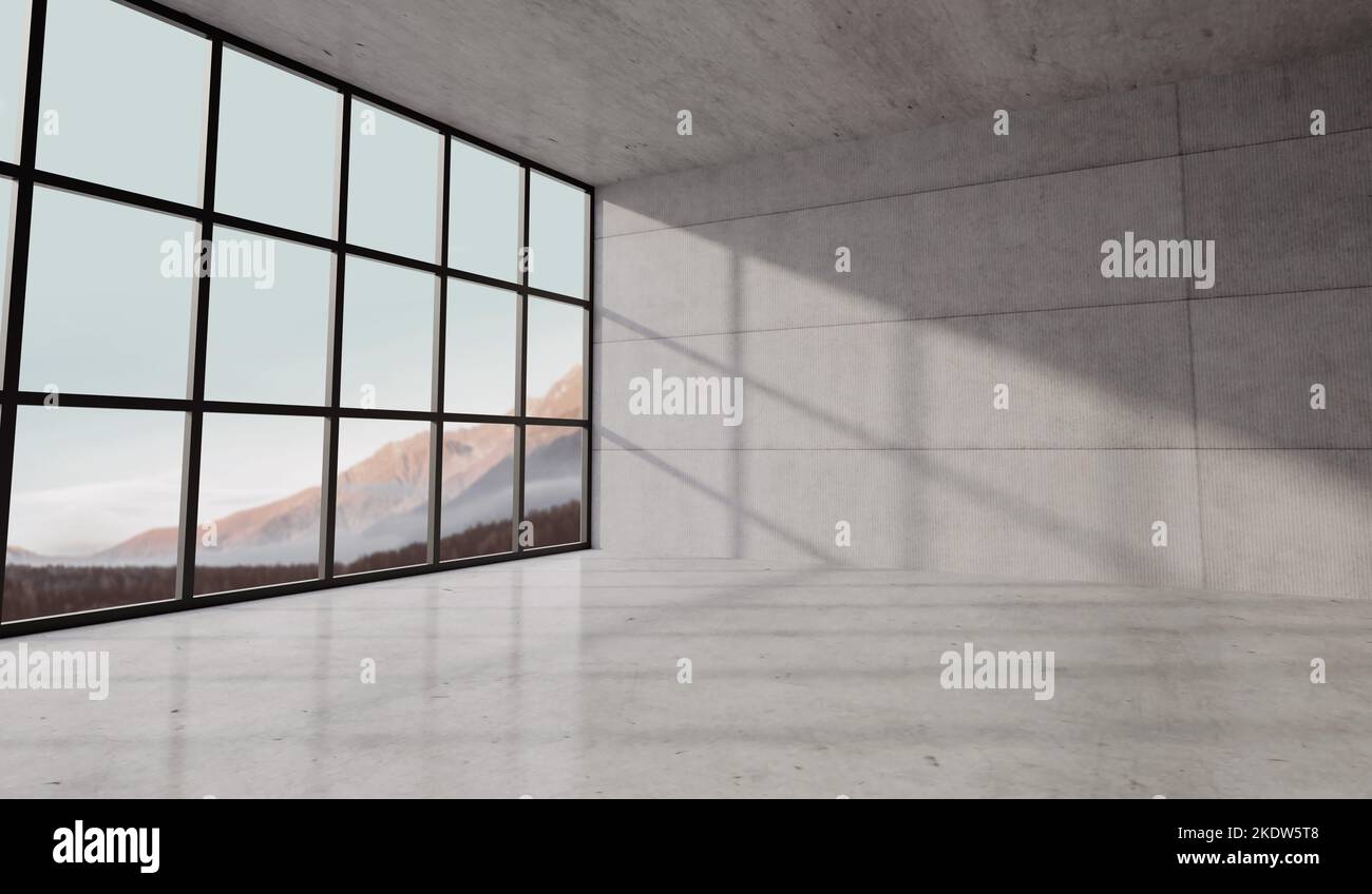 Moderner Innenraum aus Beton. Leere Wände und große Fenster mit Sonnenlicht, die Schatten werfen. 3D Rendering Stockfoto