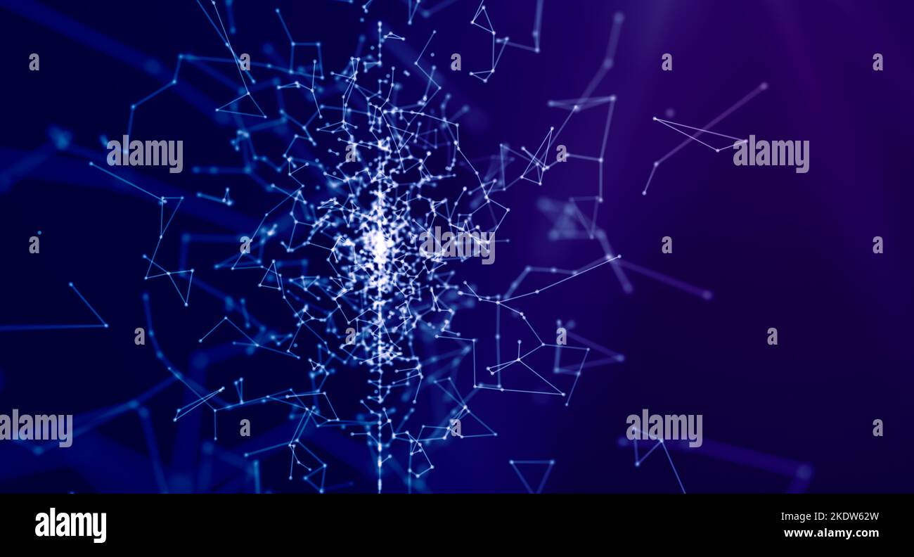 Datenexplosion auf abstrakten verbindenden Punkten und Linien Hintergrund für künstliches Intelligenzkonzept. Blockchain-Konzept. Stockfoto