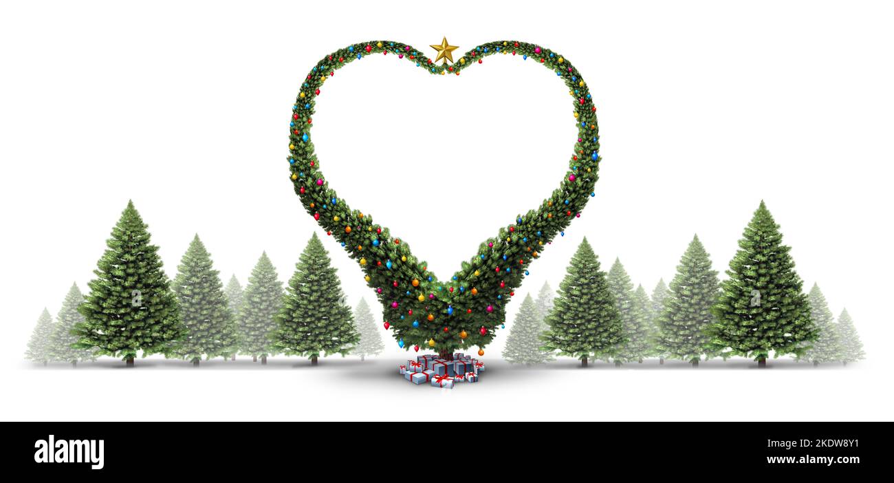 Winterurlaub Liebe als verzierte Kiefernbaum in Herzform mit einer Gruppe von grünen Weihnachtsbäumen auf weißem Hintergrund als festlicher Evergreen Stockfoto