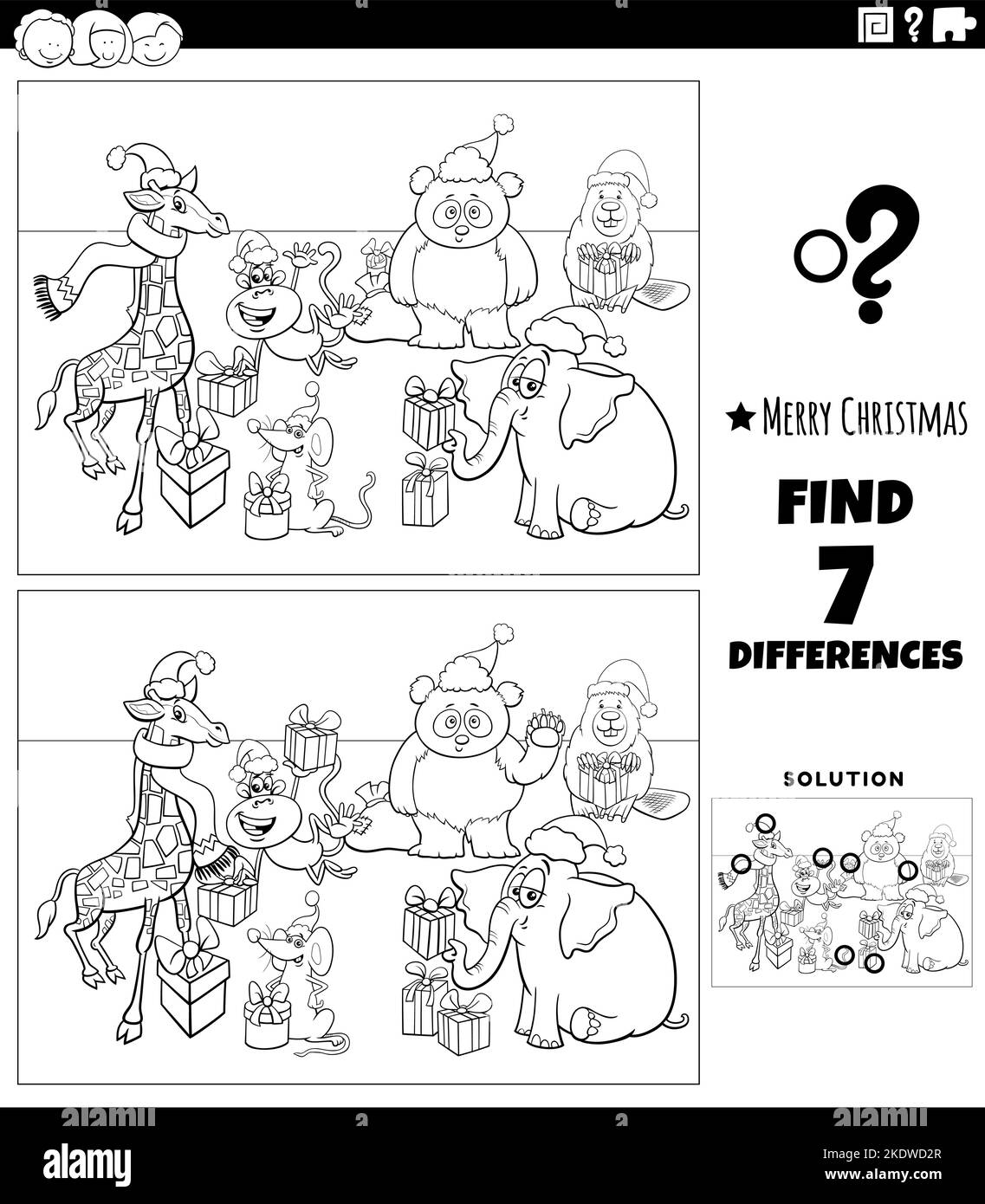 Schwarz-Weiß-Cartoon-Illustration der Suche nach Unterschieden zwischen Bildern pädagogische Aktivität für Kinder mit Tierfiguren auf Weihnachten tim Stock Vektor