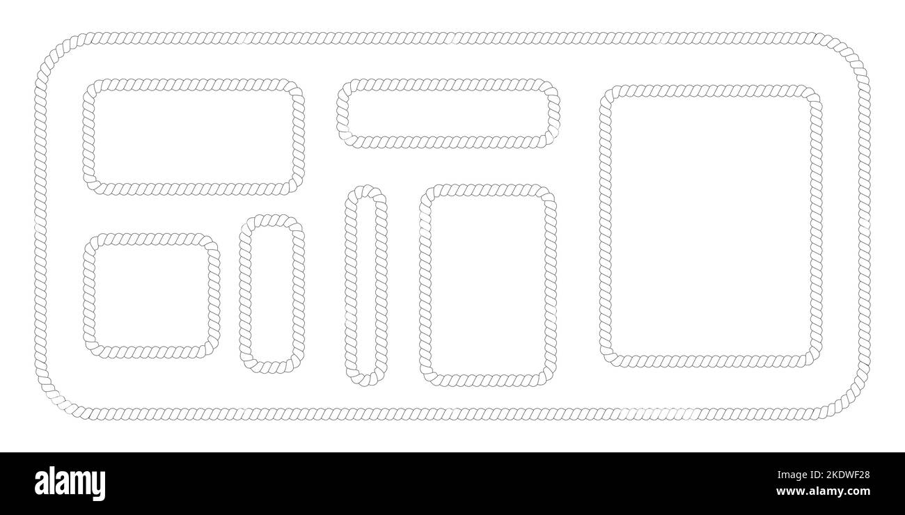 Set von rechteckigen Seilrahmen für Fotos im Retro-Yacht-Stil. Nautische Designelemente für Druck und Dekoration isoliert auf weißem Hintergrund. Maritimes Thema Grenze. Vektorgrafik Stock Vektor