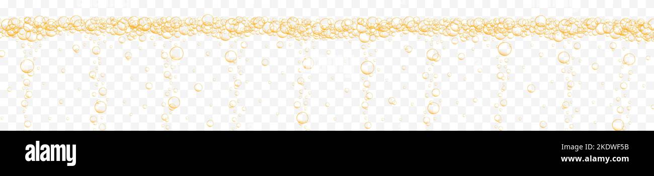Goldene Luftblasen strömen auf transparentem Hintergrund. Kohlensäurehaltiges Getränk, Seltzer, Champagner, Prosecco, kohlensäurehaltiges Wasser, Bier, Limonade, Limonadenstruktur. Vektor-realistische Darstellung. Stock Vektor