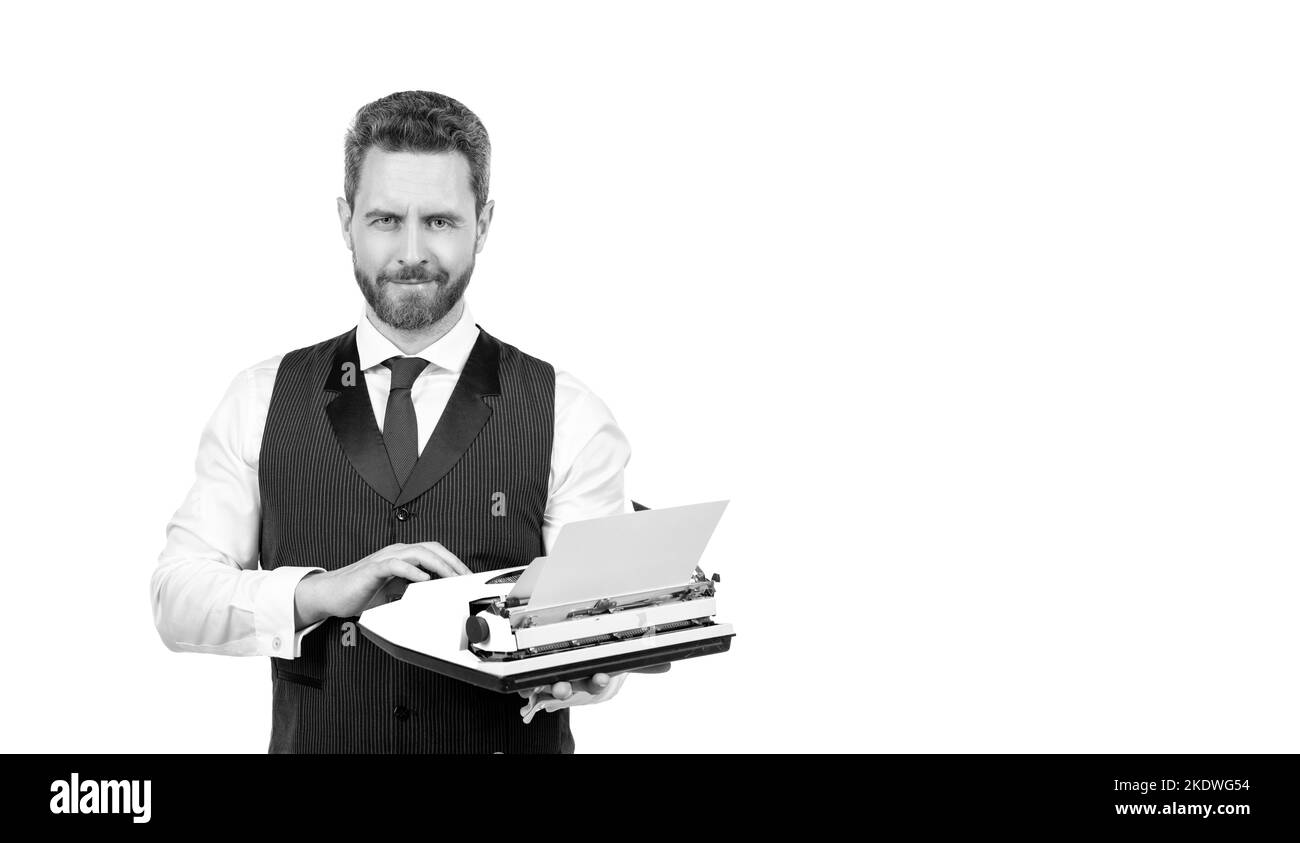 Geschäftsmann mit Retro-Schreibmaschine. Schreibmaschinenautor isoliert auf weißem Hintergrund. Stockfoto