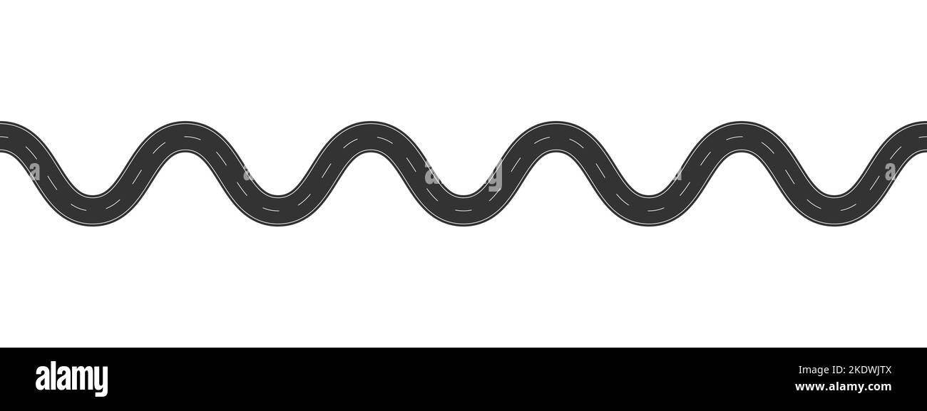 Leere kurvenreiche Asphaltstraße mit Markierung. Horizontale Luftaufnahme. Vorlage für nahtlose Autobahn. Element der Stadtstraße Straße Straße isoliert auf weißem Hintergrund. Vektorgrafik flach Stock Vektor