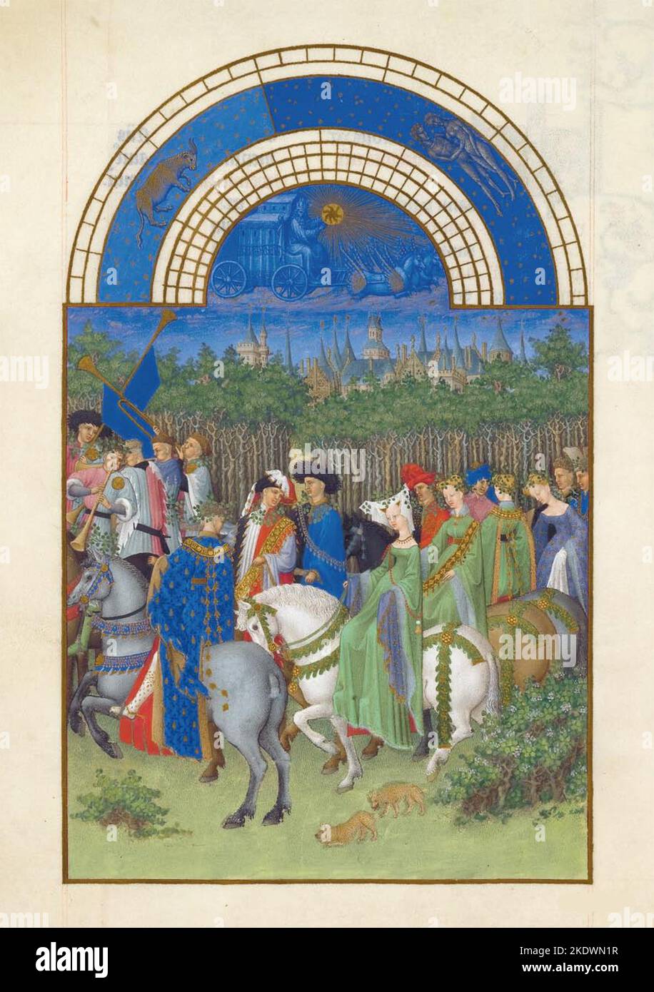 très Riches Heures du duc de Berry Folio 5, verso: Mai. Datum/Zeitraum: Zwischen 1412 und 1416. Beleuchtung. Malen auf Pergament. Höhe: 22,5 cm (8,8 Zoll); Breite: 13,6 cm (5,3 Zoll). Stockfoto