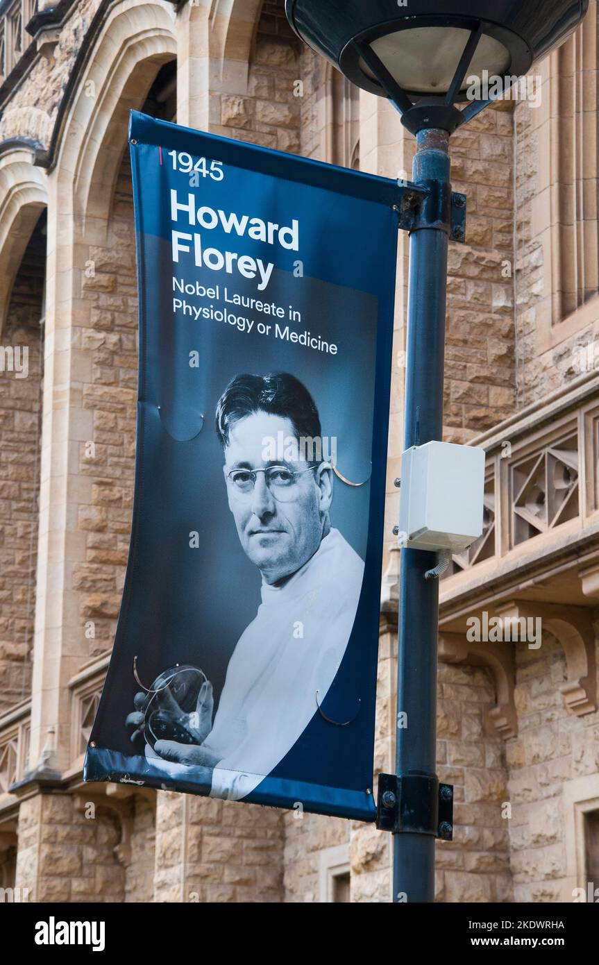 Der renommierte Wissenschaftler Howard Florey porträtierte auf einem Banner vor der University of Adelaide, Südaustralien Stockfoto