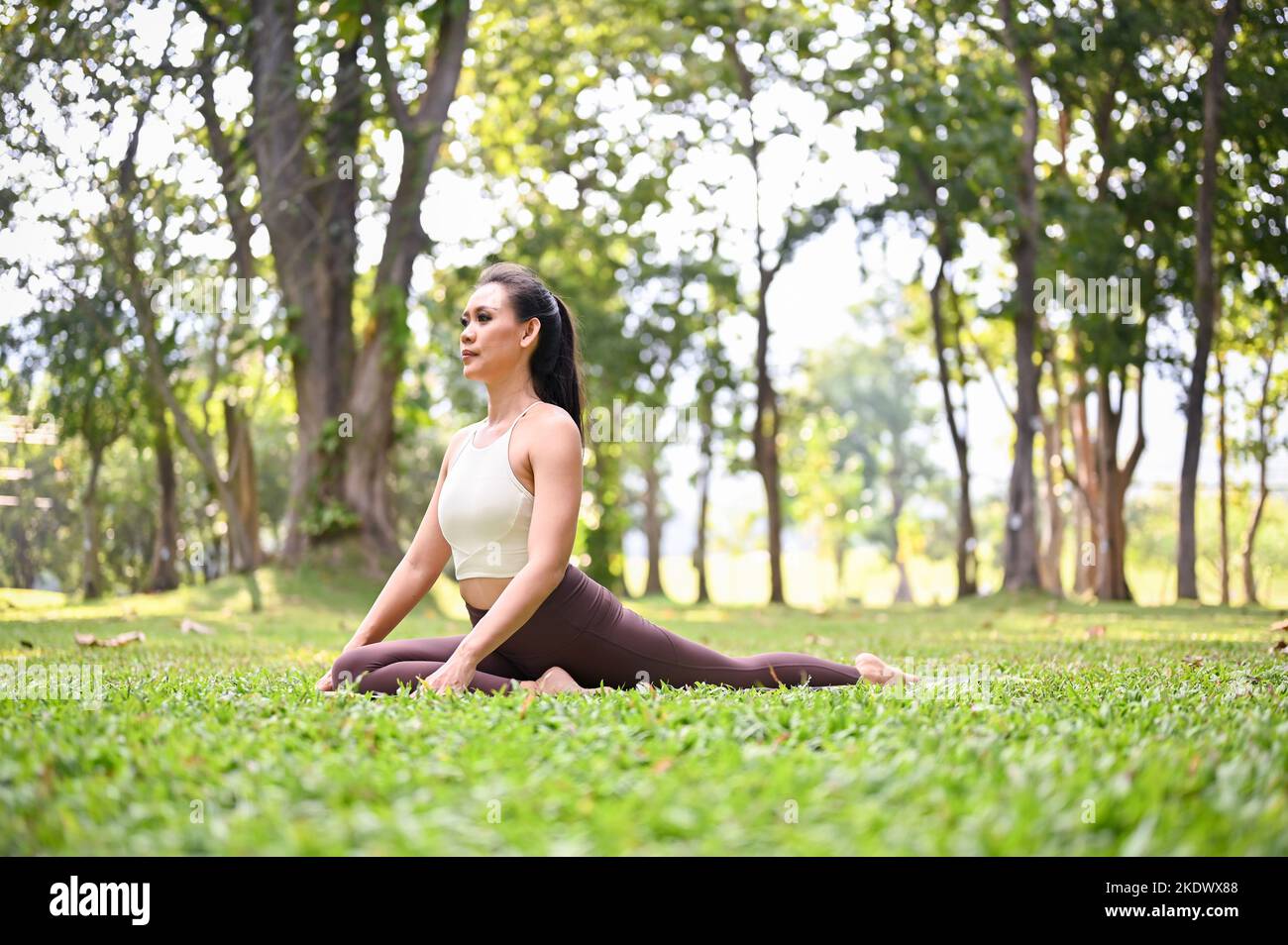 Wunderschöne und aktiv fit asiatische Frau in Sportkleidung üben Halbtaube Yoga-Pose, konzentriert sich auf ihren Atem, Training im grünen Park. Stockfoto