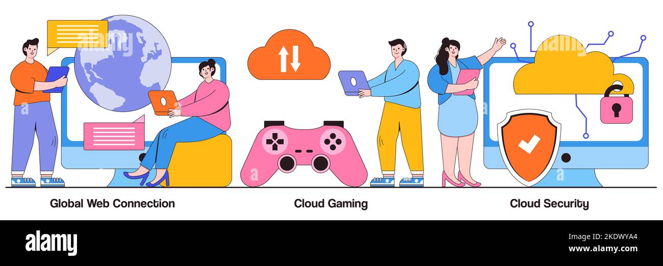 Globale Internetverbindung, Cloud-Gaming und Sicherheitskonzept mit winzigen Menschen. Vektorgrafik für Cyber Security Engineering. Netzwerkkommunikation, Stock Vektor