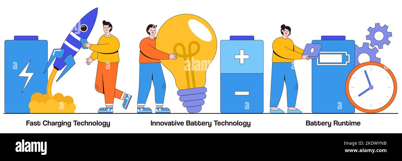 Schnellladetechnologie, innovative Akkutechnologie, Akkulaufzeit-Konzept mit Menschen-Charakter. Akkumulatorkapazität, Hauptstromquelle Stock Vektor