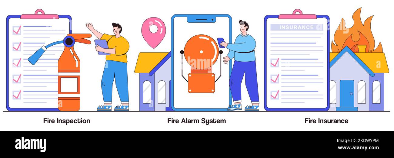 Brandschutzinspektion, Brandmeldeanlage, Brandschutzkonzept mit winzigen Menschen. Grafik-Set zur Schadenkompensation von Immobilien. Feuerwehrmann-Equi Stock Vektor